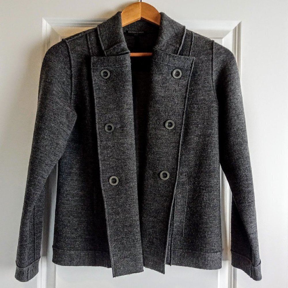 Eileen Fisher Grey Double Breasted Merino Wool Pea Coat